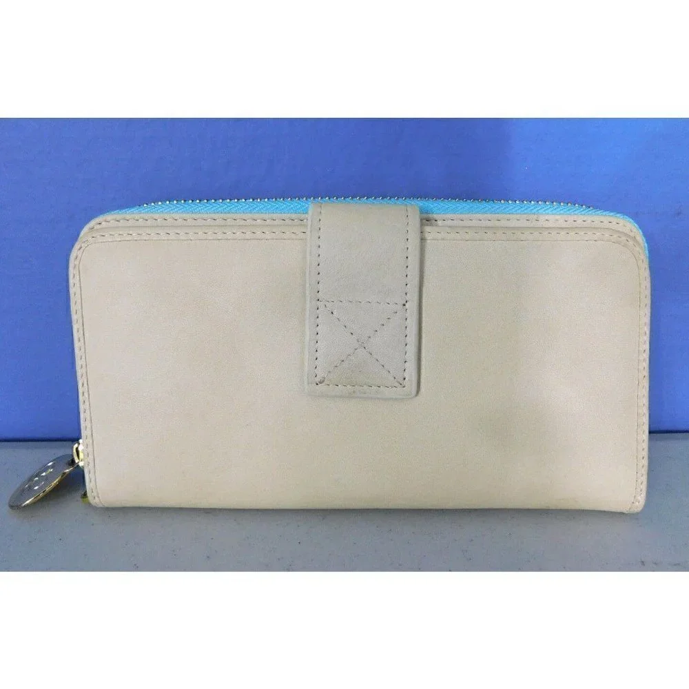 GORJANA BEIGE AND LIGHT BLUE LEATHER ZIP AROUND WALLET WITH CHECK BOOK SECTION